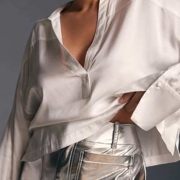 NWT Anthropologie Maeve Silky Collared White Long Sleeve Blouse XL - Picture 2 of 8